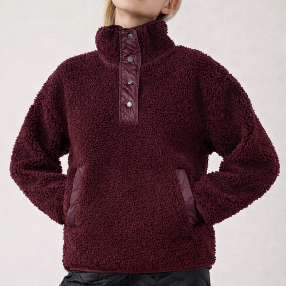Athleta Cozy Sherpa Snap Pullover Jacket Plum Burgundy Quilted Trim | Small